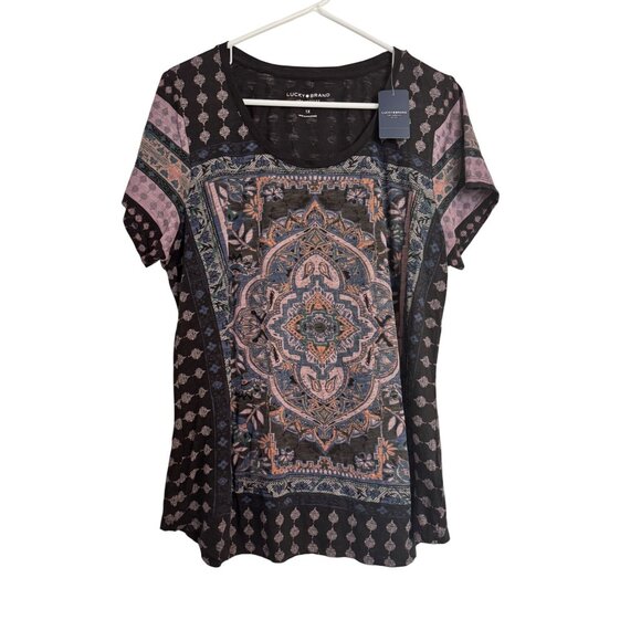 Lucky Brand Tee Size 1X NWT $40 BOHO Print Black Scoop Neck Shirt - Picture 8 of 8